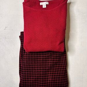 J. Jill Red&Black Checked Skirt L / Long Sweater Top S Office/Casual/Work